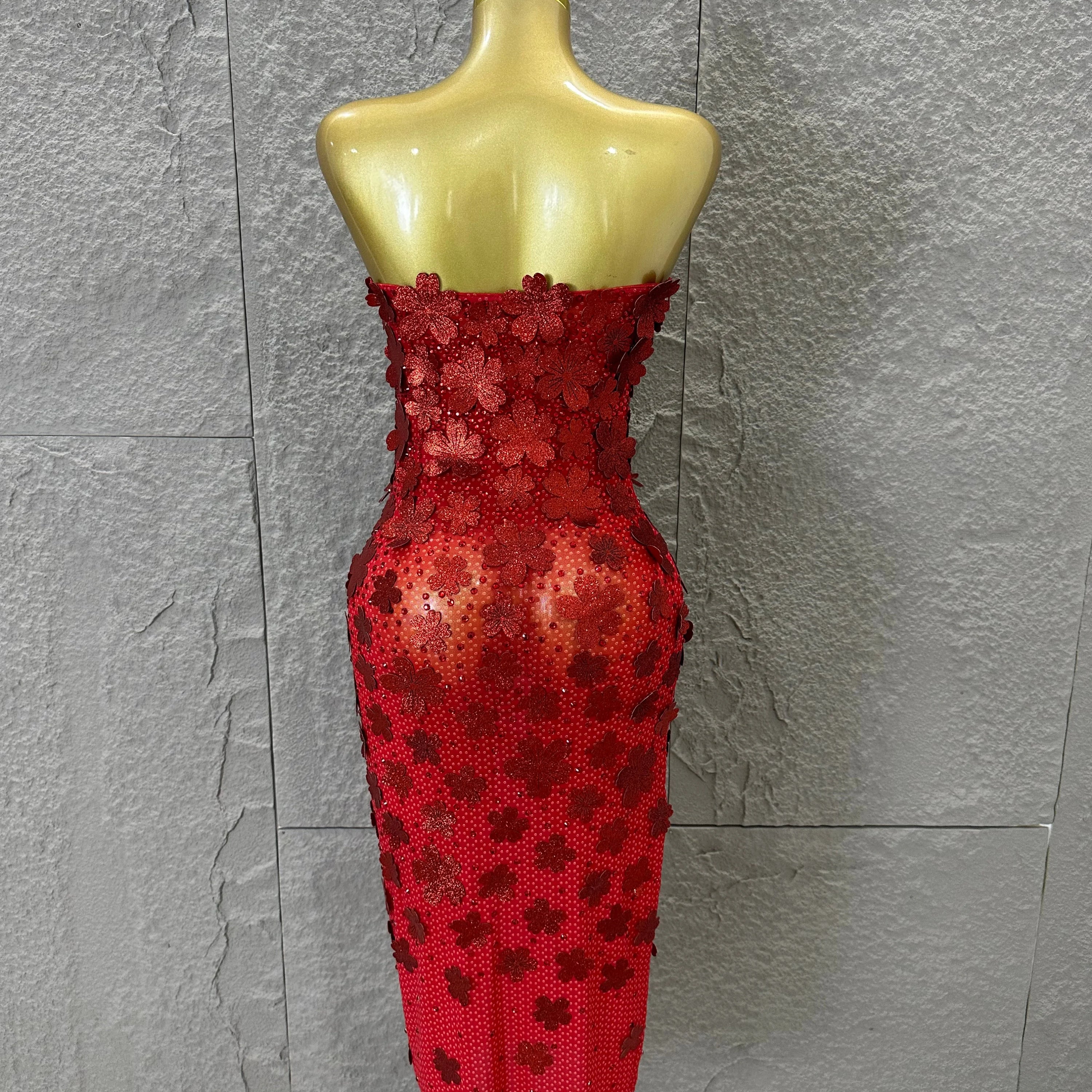 Sparkly Women Sexy Strapless Slim-fit 3D Flower Evening Gala Party Nightclub Cocktail Party Stage Performance Costume