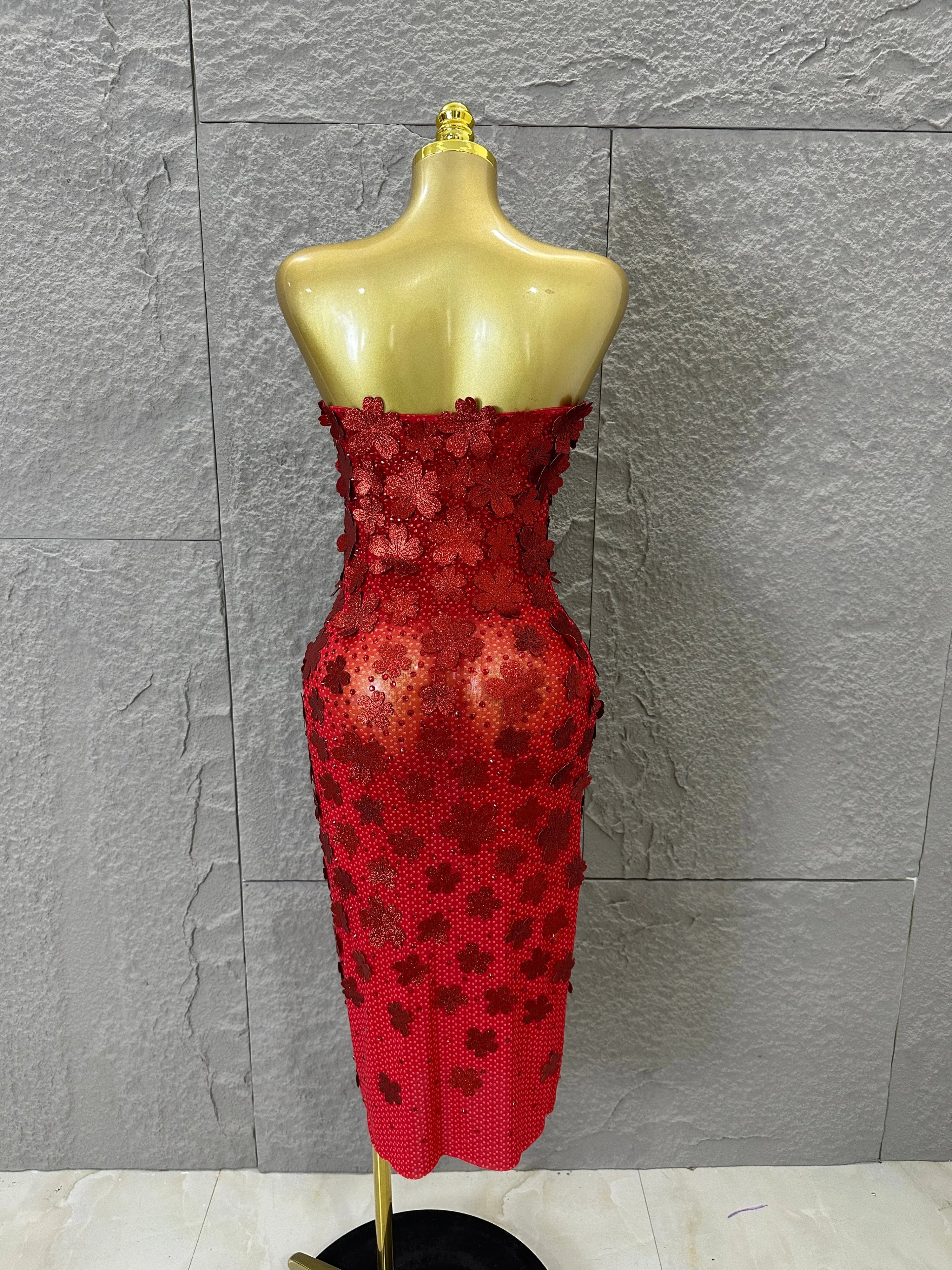 Sparkly Women Sexy Strapless Slim-fit 3D Flower Evening Gala Party Nightclub Cocktail Party Stage Performance Costume