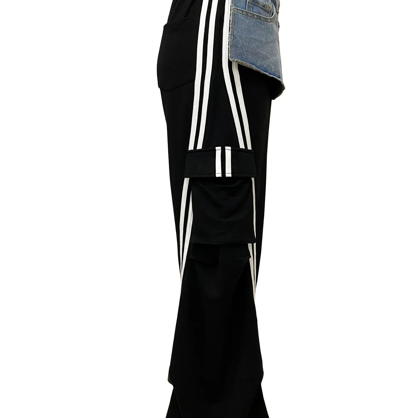 Fashion Women Denim Patchwork Pocket Side Wide Leg Loose Jogger Pants 2024 Active Jean Splicing Sweatpants Trousers