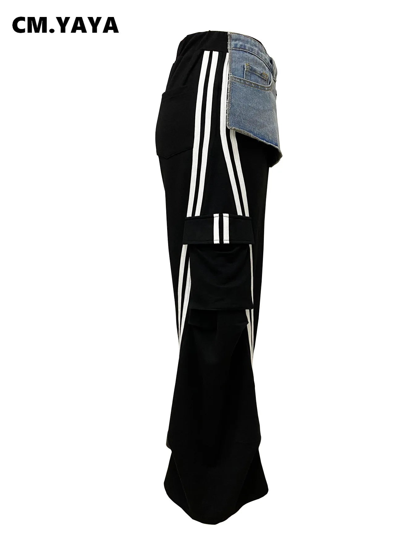 Fashion Women Denim Patchwork Pocket Side Wide Leg Loose Jogger Pants 2024 Active Jean Splicing Sweatpants Trousers