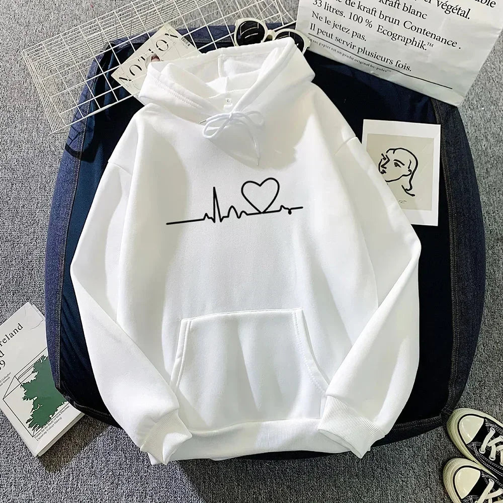 Autumn Winter Women Fleece Hoodies Thick Warm Female Long Sleeve Hooded Sweatshirts Casual Print Lady Loose Pullover Tops white love velvet