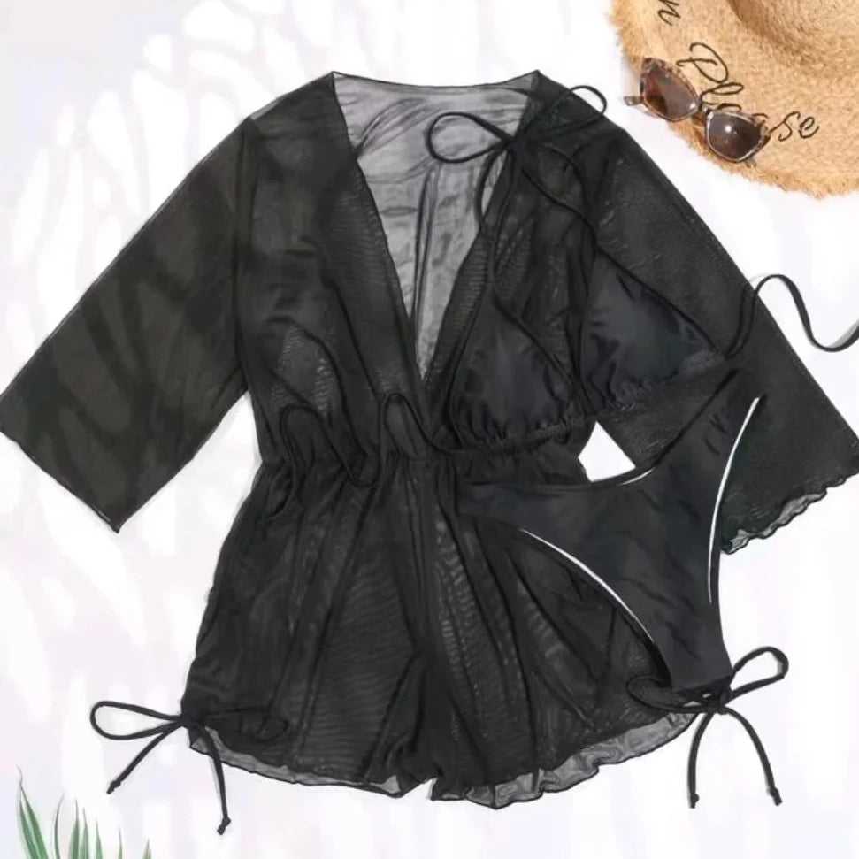 3 Pieces Bikini Tropical Print Swimsuit Halter Drawstring Side Swimwear Women 2023 Bathing Suit Female Swimming Summer Beachwear Black 2