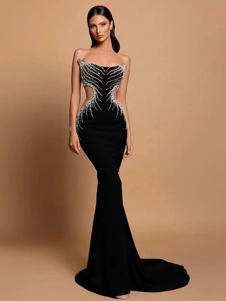 Women Luxury Sexy Strapless Diamonds Crystal Black Maxi Long Gowns Dress 2024 Elegant Evening Party Club Dress Vestido black