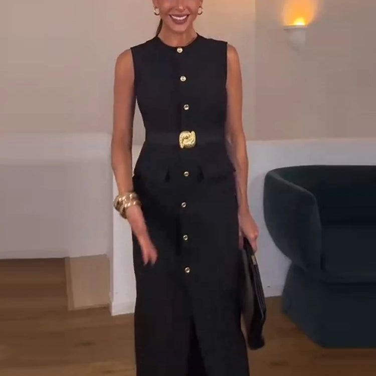 Elegant Split Women 's Maxi Dress O-neck Sleeveless Single Breasted Waist Cinching Pocket Female Dressess Summer Lady Vestidos