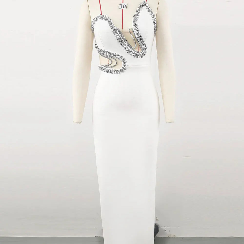 2025 Sexy Women'S Light Luxury Nail Bead Bandage Dress Strapless Sleeveless Patchwork Bodycon Backless Long Dress Party Vestidos WHITE