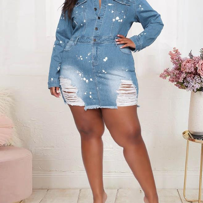 Women's Dresses 2024 Spring Fashion Ink Splash Ripped Raw Hem Button Front Casual Turn-Down Collar Long Sleeve Mini Denim Dress
