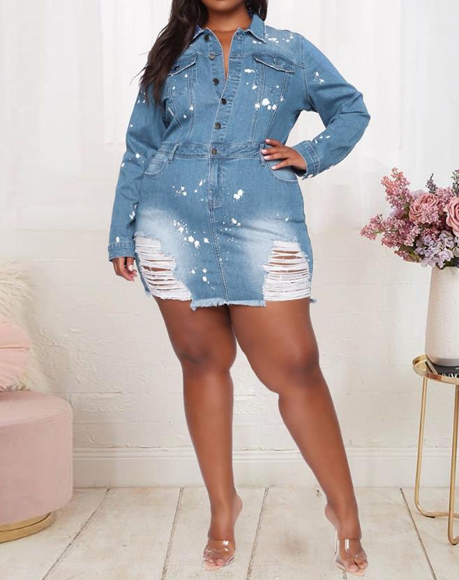 Women's Dresses 2024 Spring Fashion Ink Splash Ripped Raw Hem Button Front Casual Turn-Down Collar Long Sleeve Mini Denim Dress