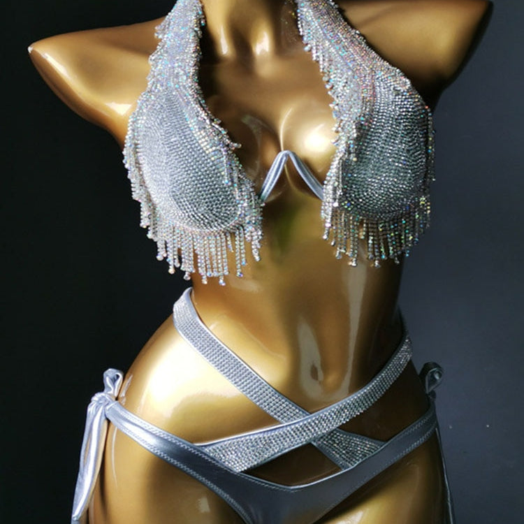 Swimwear Bikini Sets Swimsuit 2024 Summer Beach Shiny Crystal Rhinestone Padded Push Up Bikinis Set Outfits For Women Silver 6