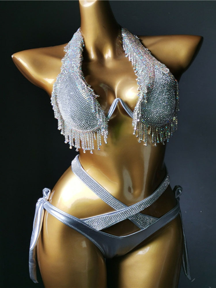 Swimwear Bikini Sets Swimsuit 2024 Summer Beach Shiny Crystal Rhinestone Padded Push Up Bikinis Set Outfits For Women Silver 6
