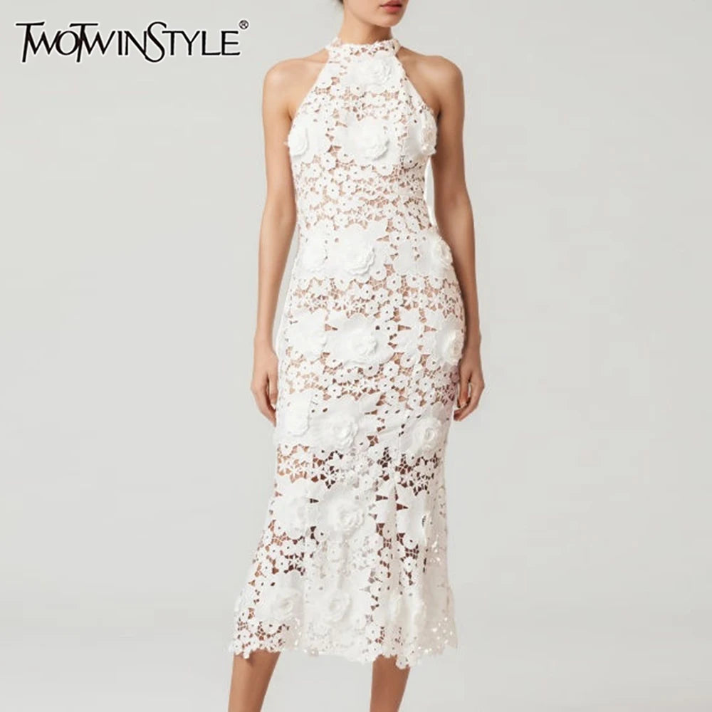 Solid Slimming Hollow Out Dresses for Women Halter Neck Sleeveless Patchwork Appliques Elegant Dress Female Fashion