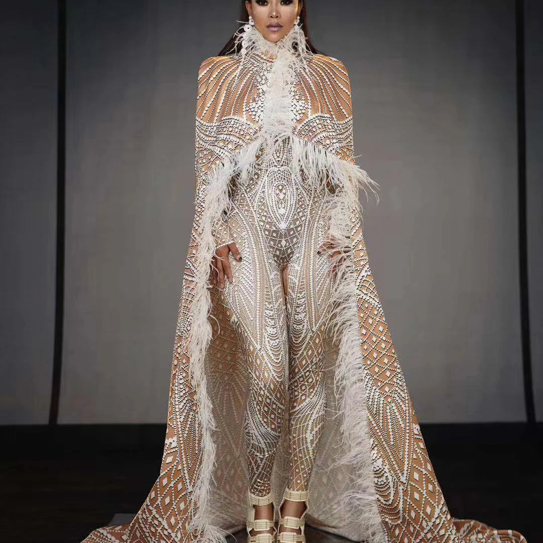 Fashion White Printed Tight Jumpsuit with Feather Long Cloak Unisex Stage Performance Dance Costume Set for Men And Women Xuenv Women One Size