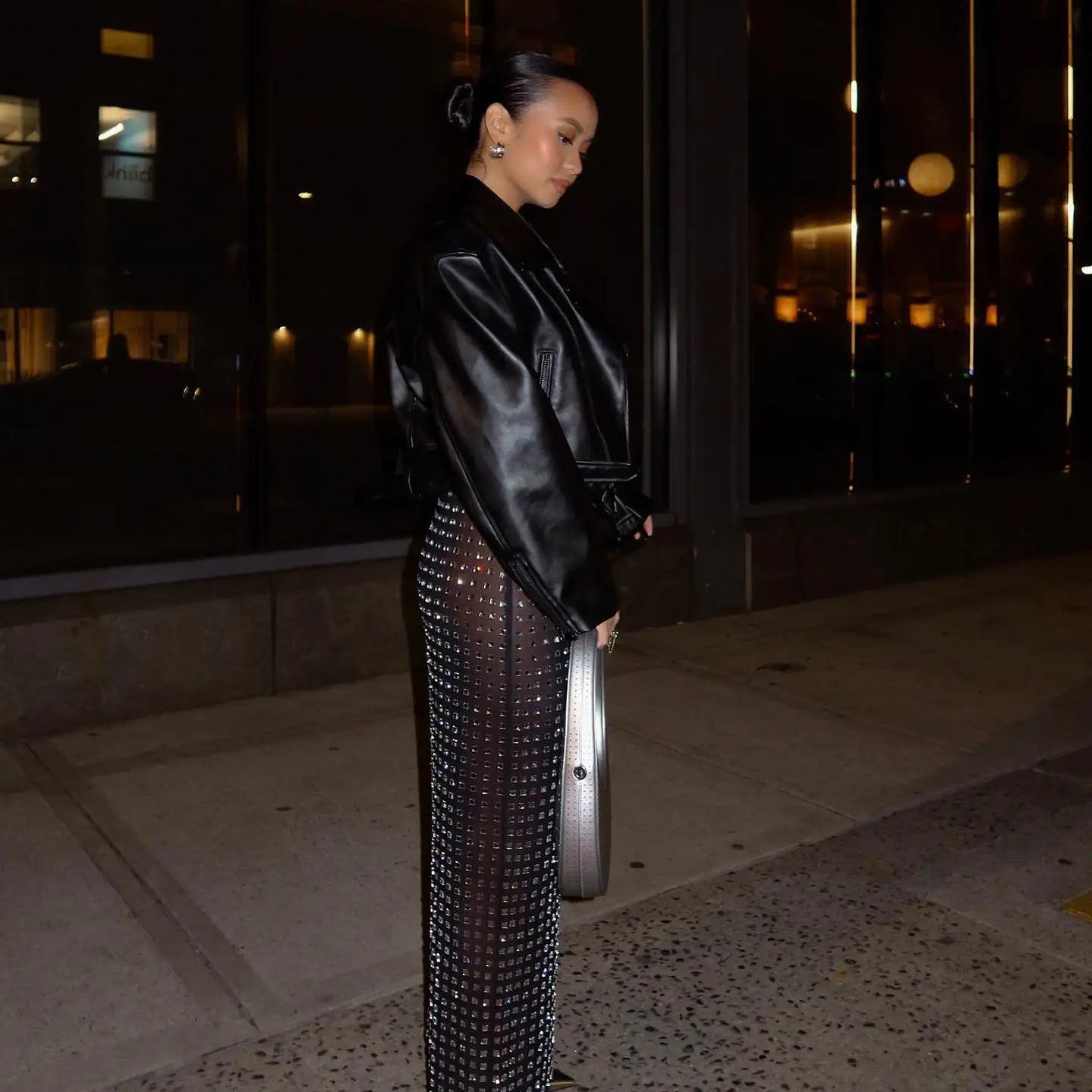 Shining Square Diamonds Sexy Mesh See Through Black Long Skirt Fashion Woman High Street Wear Evening Party Outfit