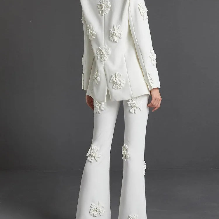 Solid Patchwork Appliques Two Piece Sets For Women Lapel Long Sleeve Coat High Waist Pant Chic Set Female Clothing