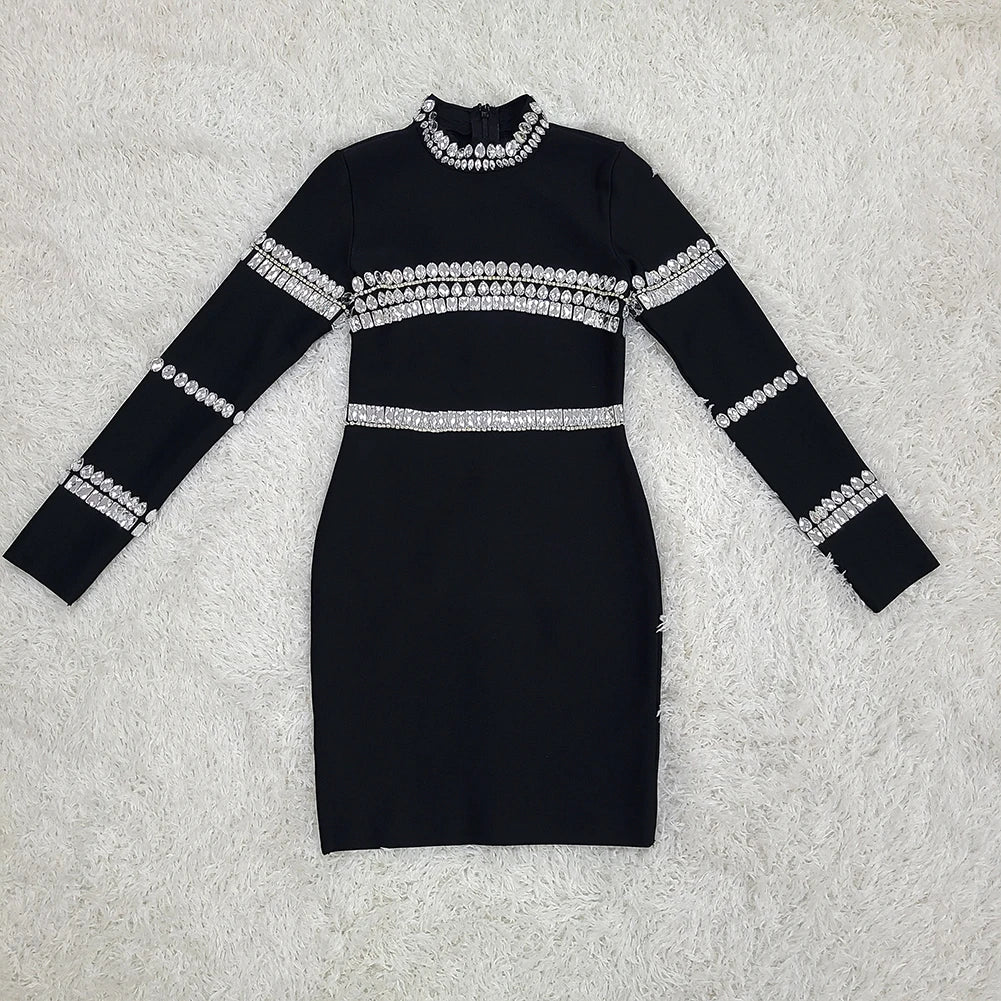 2023 New Winter Black Color Women Long Sleeve Big Crystal Bodycon Mini Dress Bandage Fashion Elegant Evening Party Dress Vestido