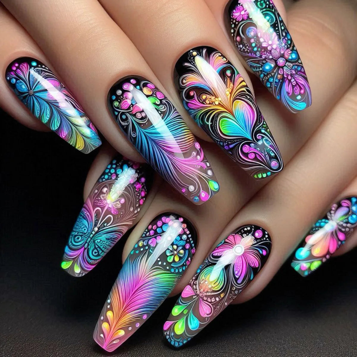 24pcs/set Short Medium long fake nails for women girls Spring summer flowers butterfly flamingo blue pink press on false nails 2064