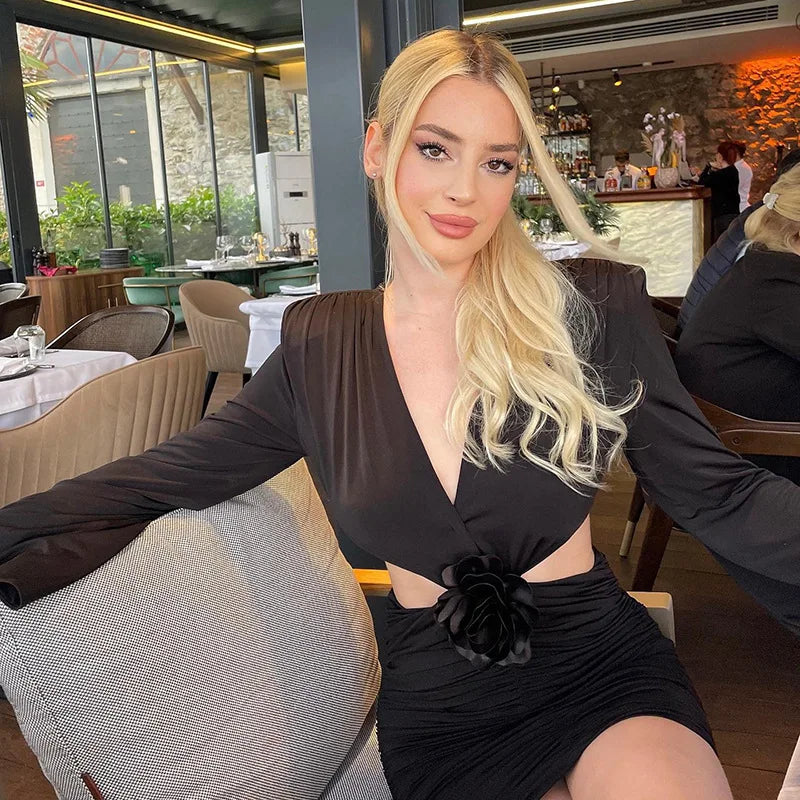 BoozRey Sexy Deep V Flower Long Sleeves Backless Dress 2023 Summer Elegant with Shoulder Pad Mini Dress Party Club Outfits Women