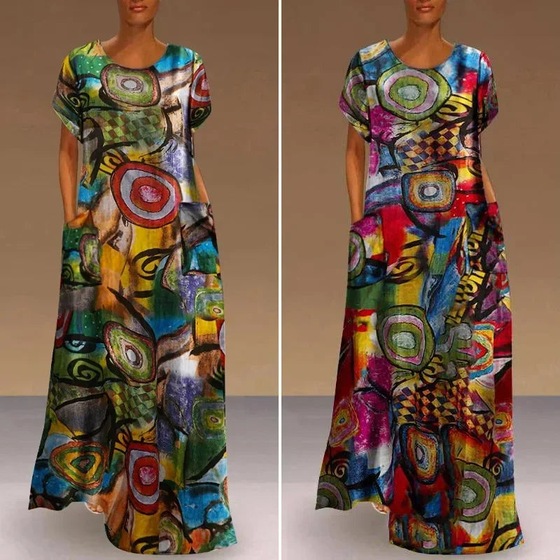 New Short Sleeve Long Retro Print Dress Pocket Large Casual Dress