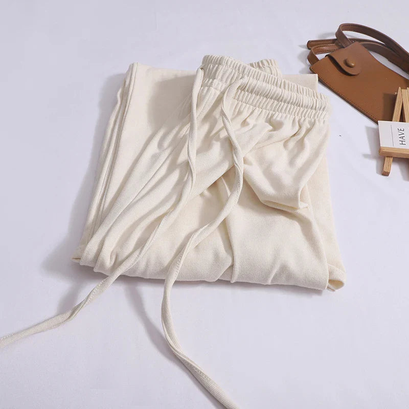 ITOOLIN Women Casual Straight Pants Drawstring Elastic Waist Thin Solid Pants Sports Wide Leg Trousers For Women Spring APRICOT One Size