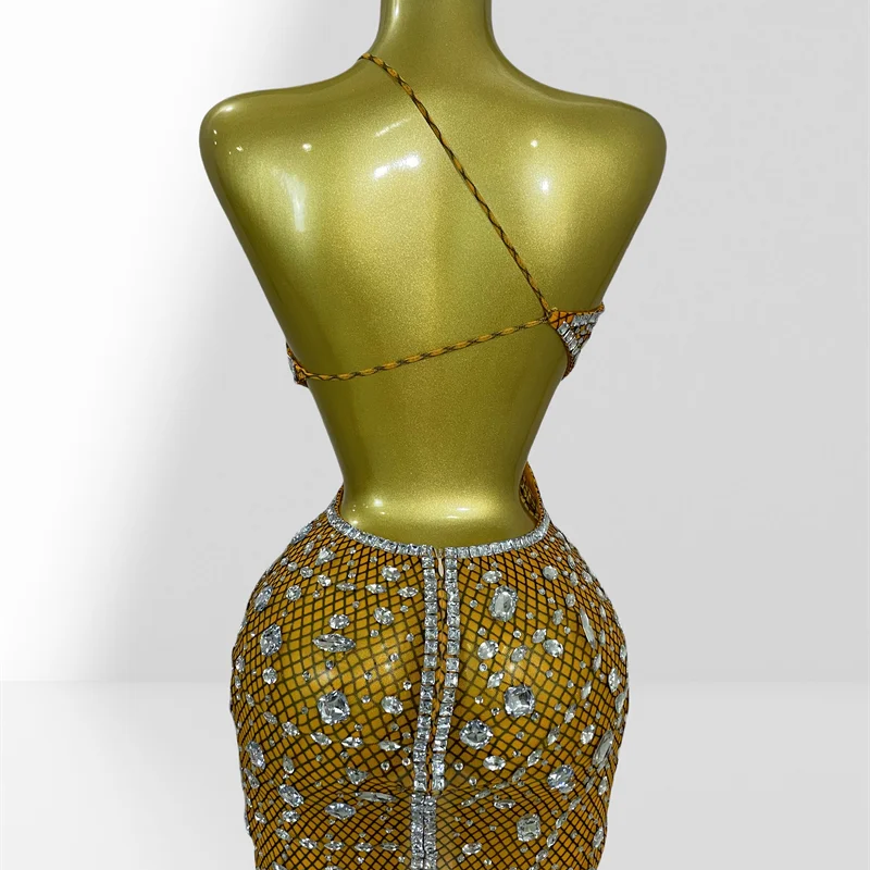 Sparkling Diamonds Sexy Hollow Out Blackless Mesh See Through Mini Dress Fashion Woman Evening Party Dress Birthday Party Outfit