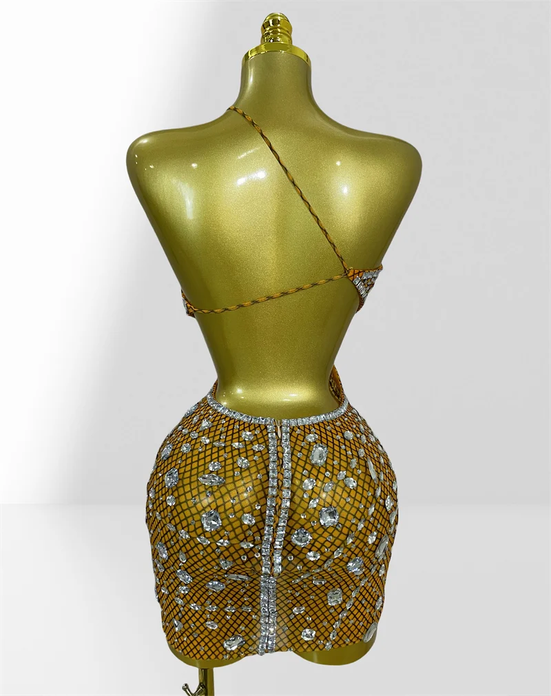 Sparkling Diamonds Sexy Hollow Out Blackless Mesh See Through Mini Dress Fashion Woman Evening Party Dress Birthday Party Outfit