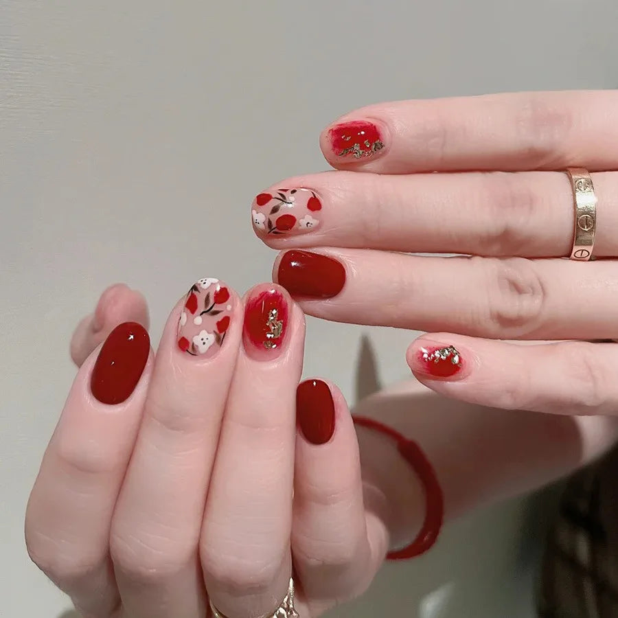 24pcs/set short medium fake nails square ballet tips new year red gradient colors with glitters faux ongles press on false nail 1713