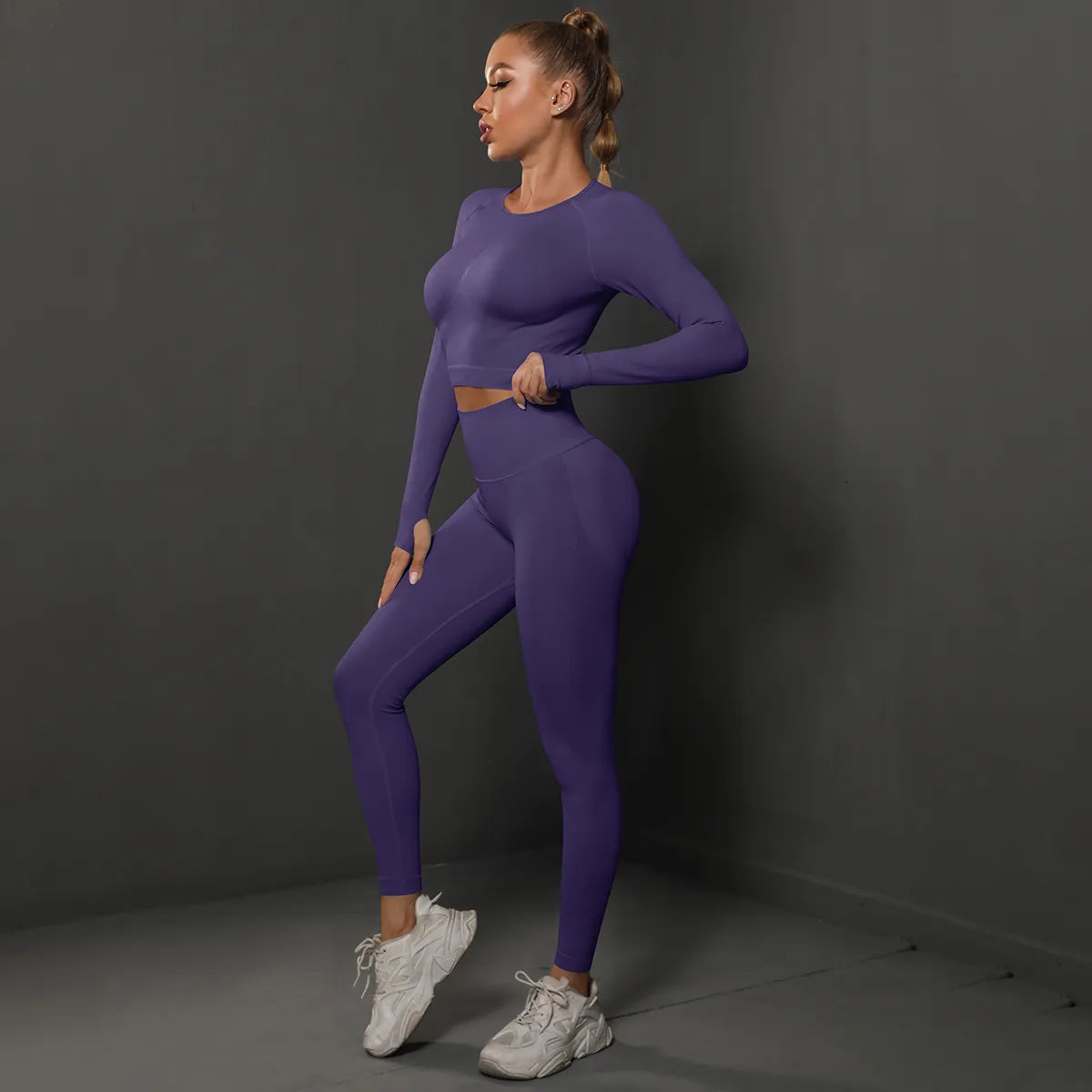 2Pcs Women Sets Energy Seamless Gym Suits Bubble Butt Sports Pants+Long Sleeve Shirts Push Up Running Sets Tracksuits Tights Set Deep Purple