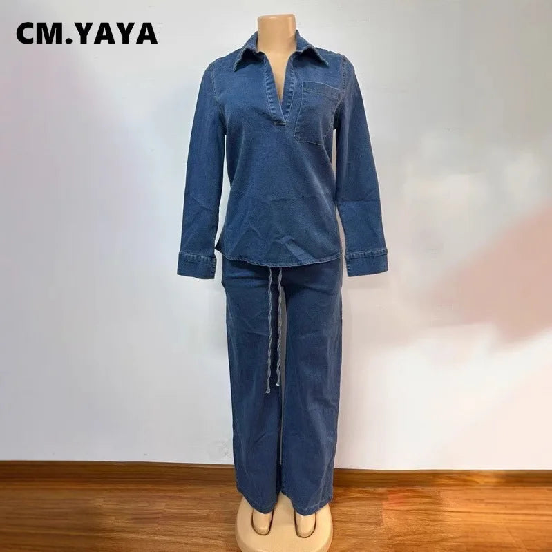 Fashion Women's Set Long Sleeve Washed Denim Tops Shirts + Wide Leg Pants Suit 2025 Spring Street Two 2 Piece Set Outfit