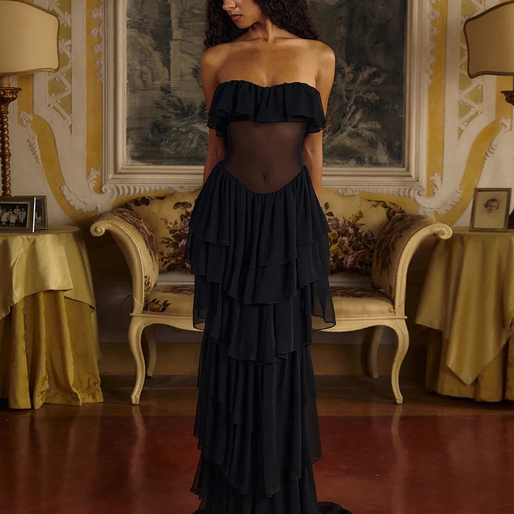 2025 Women Sexy Strapless Ruffle Slim Maxi Dress for cummerbund Elegant Sleeveless Lady Evening Party Gowns Female Robes