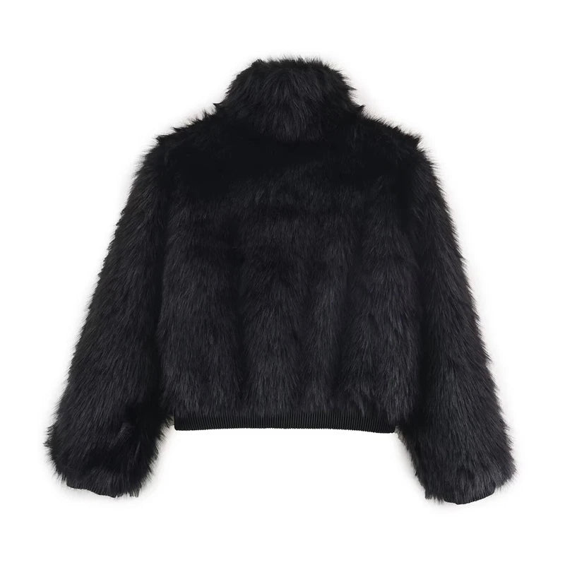 Black Faux Fur Bomber Jacket for Women - High Collar, Zipper Closure, Soft Fluffy Texture, Stylish Cold-Weather Coat