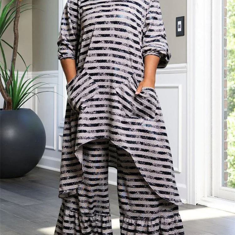 Wmstar Plus Size Two Piece Women Clothing Long Sleeve Long Top and Pants Sets Striped Matching Set Wholesale Dropshopping 2024 WHITE