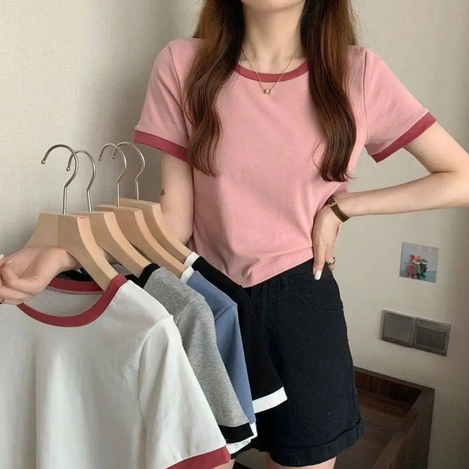 Women Short T-shirts Summer Lady Patchwork Korean Slim Cropped Tee Shirt Tops CDPF-WYP-6762