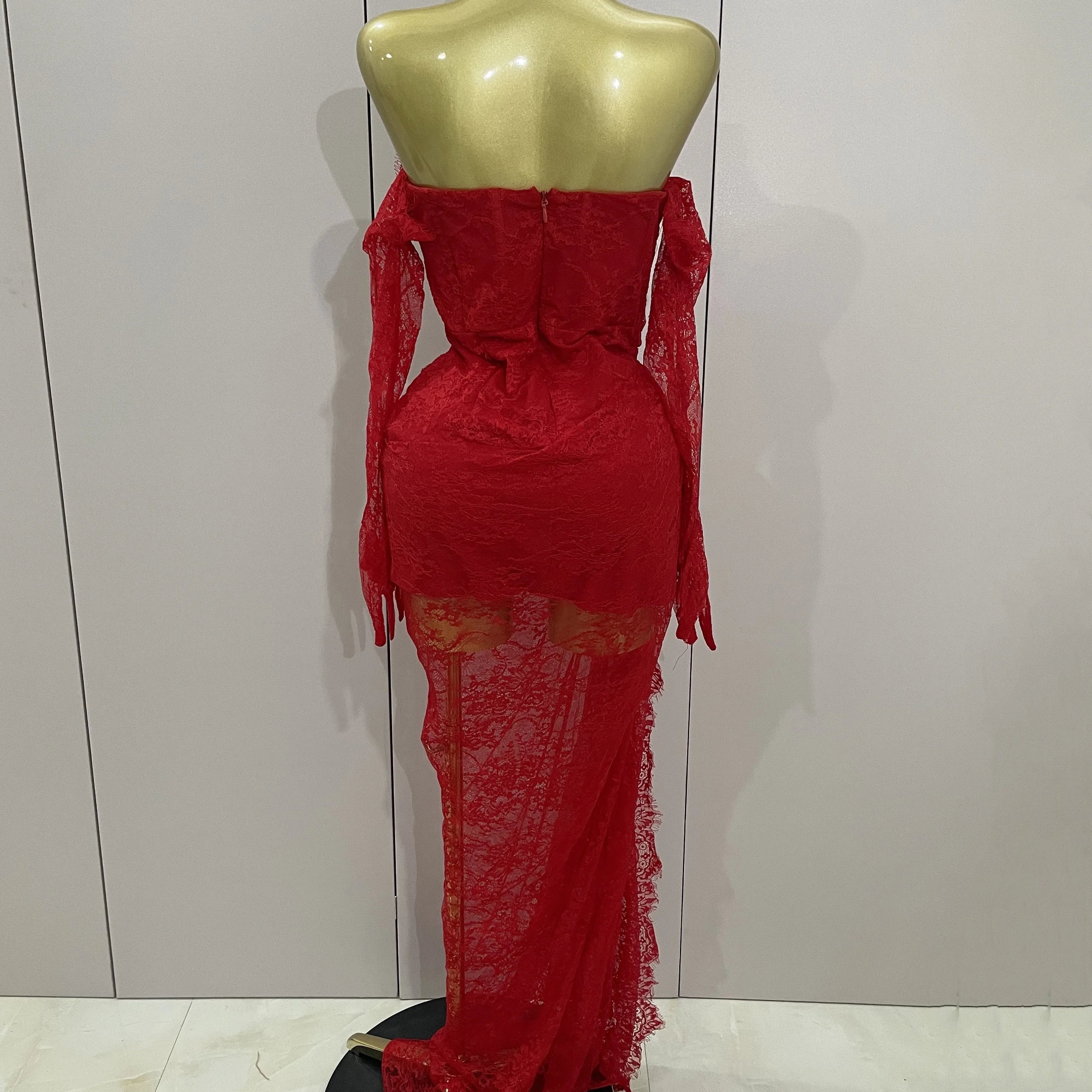 Women Sexy Strapless Backless Red Lace Split Maxi Long Bodycon Dress 2025 Celebrity Elegant Evening Club Birthday Party Outfit