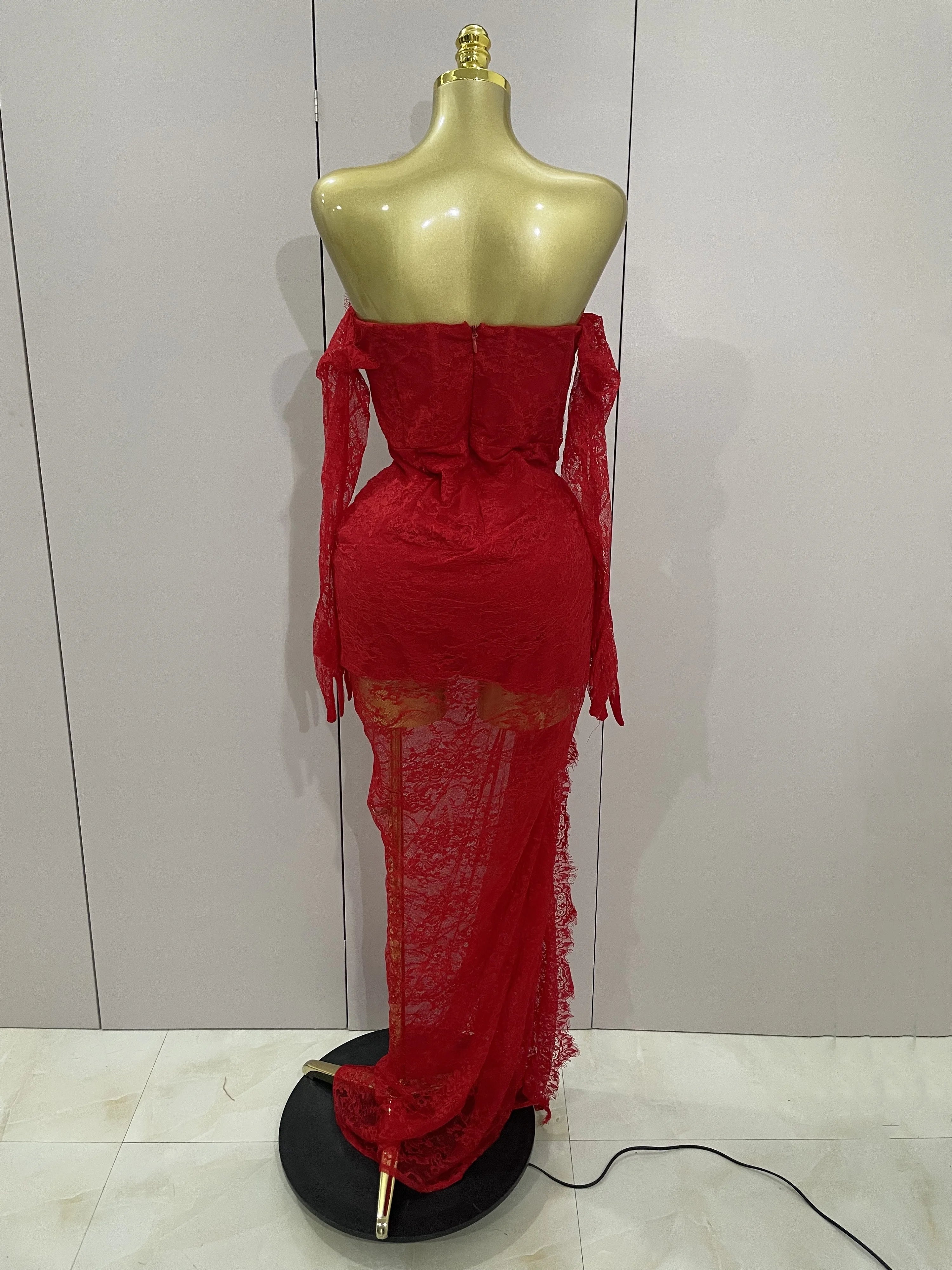 Women Sexy Strapless Backless Red Lace Split Maxi Long Bodycon Dress 2025 Celebrity Elegant Evening Club Birthday Party Outfit