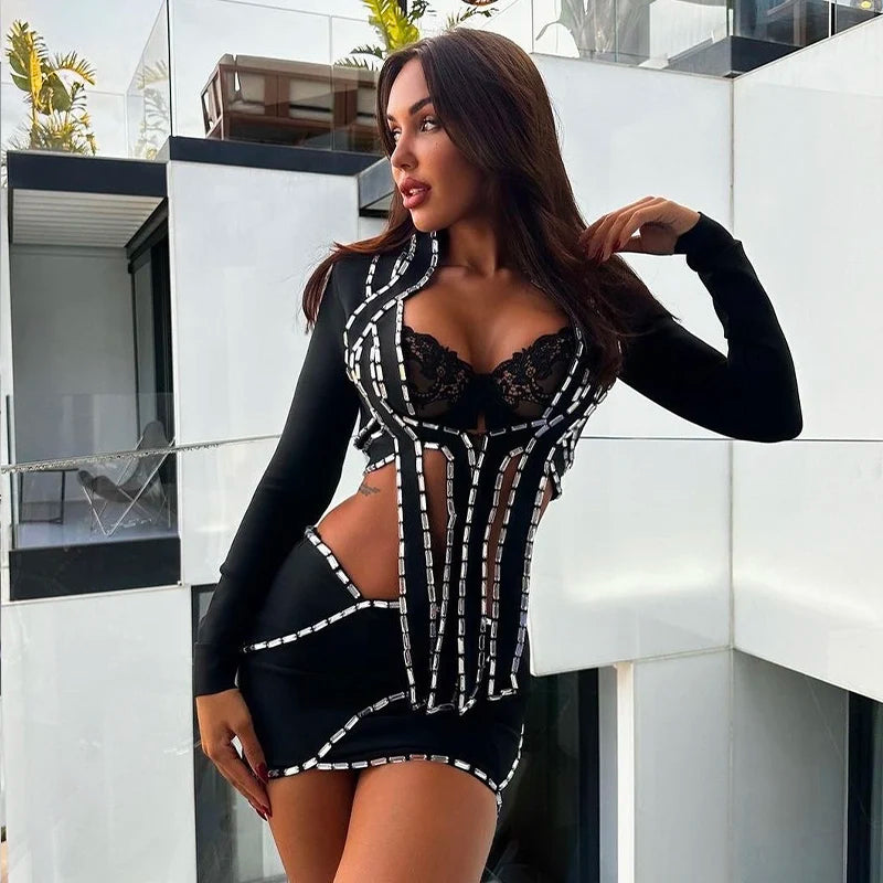 Black Color Women Long Sleeve Sexy Shinning Crystal Bandage Tops 2 Pieces Bodycon Mini Dress Nightclub Party Outfit black