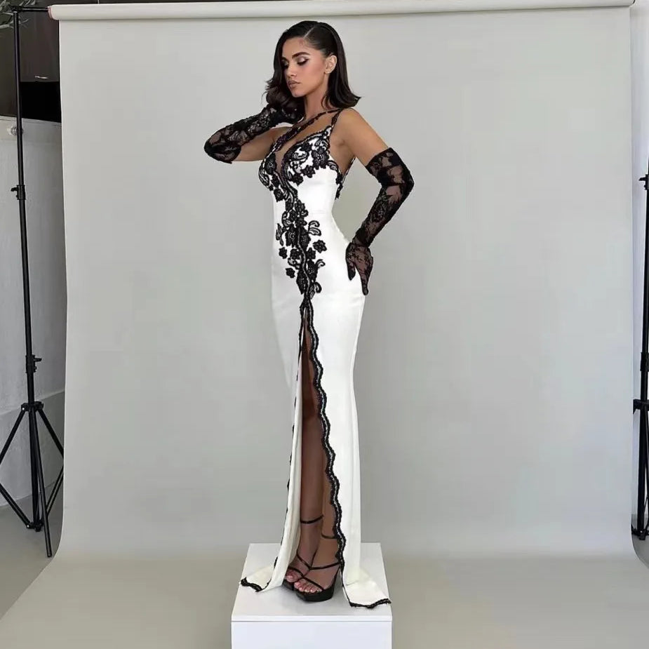 Women Sexy One Shoulder Black Lace High Split Bodycon Long Bandage Dress Celebrate Gloves Nightclub Party Outfit