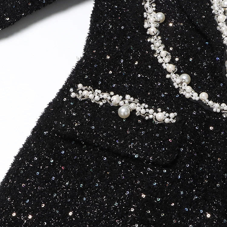 Colorblock Patchwork Sequins Dress For Women Lapel Long Sleeve High Waist Spliced Pearls Elegant Dresses Female New