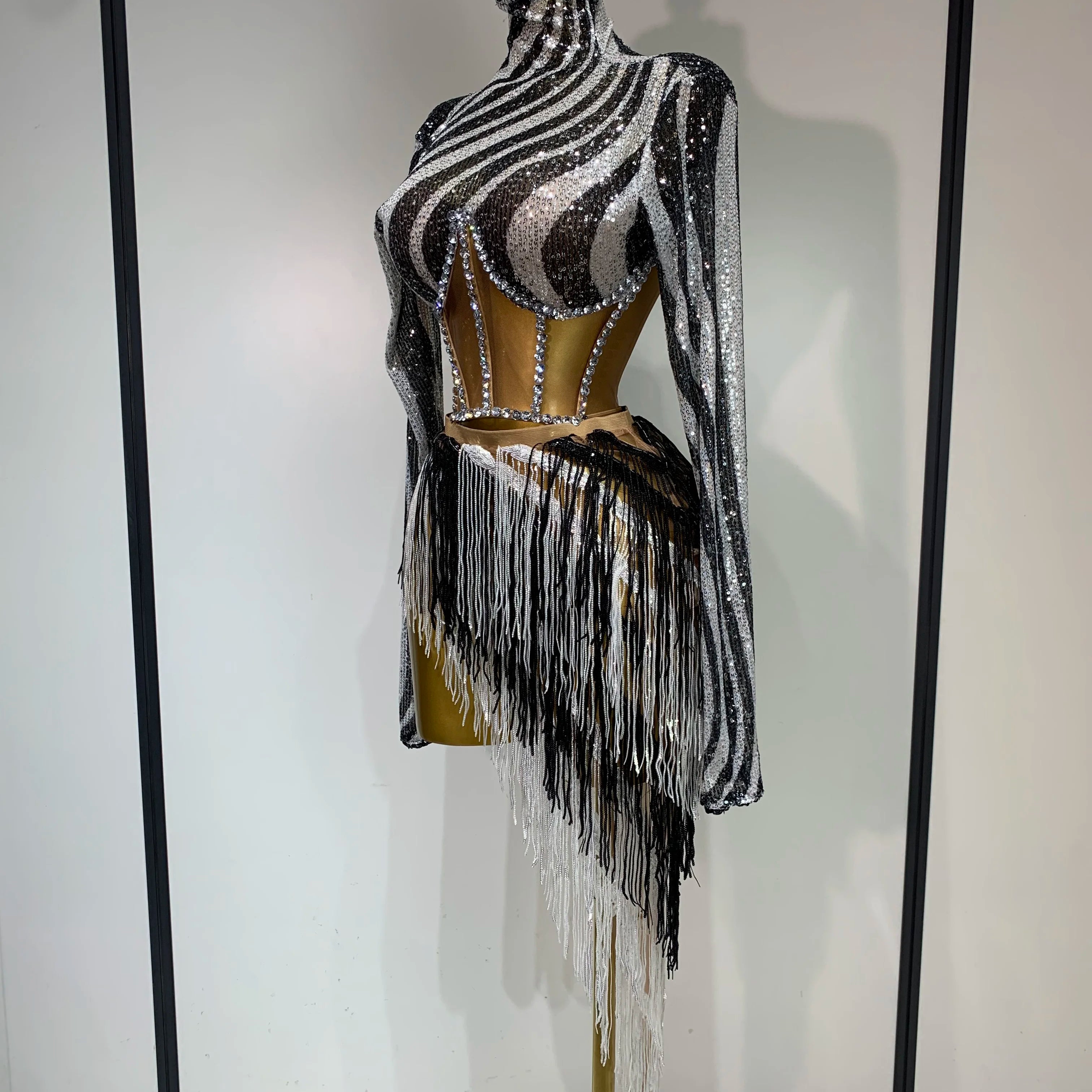 Sparkly Diamond Sequin Tassels Sexy Mesh Long Sleeved Two Piece Set Women Sexy Evening paty Birthday Nightclub Stage Costume