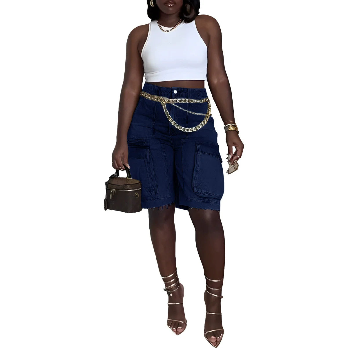 CM.YAYA Women Fashion Pocket Side Straight Knee Length Cargo Jeans 2025 Summer Party Street Short Pants