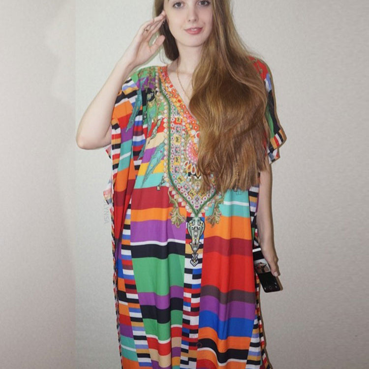 Plus Size Multicolored Loose Dress Cotton Tunic Women Large Size Beach Wear Kaftan Bohemian Printed Loose Beach Dresses