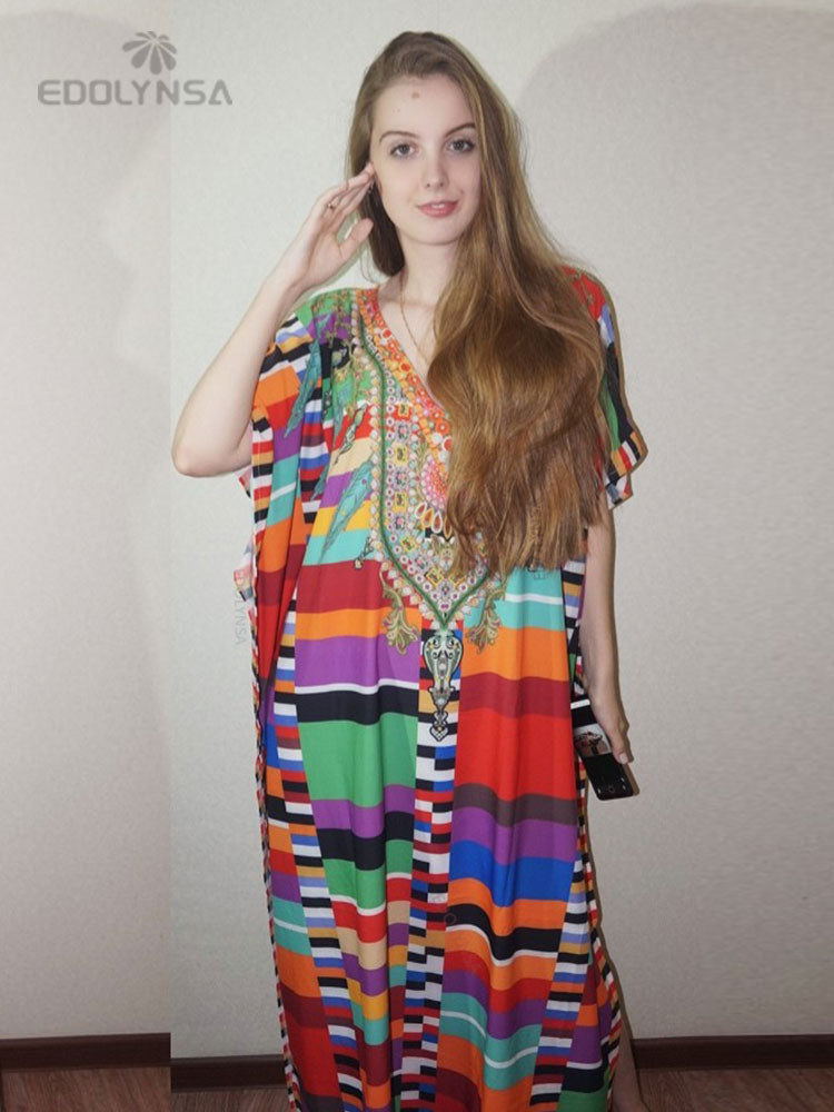 Plus Size Multicolored Loose Dress Cotton Tunic Women Large Size Beach Wear Kaftan Bohemian Printed Loose Beach Dresses
