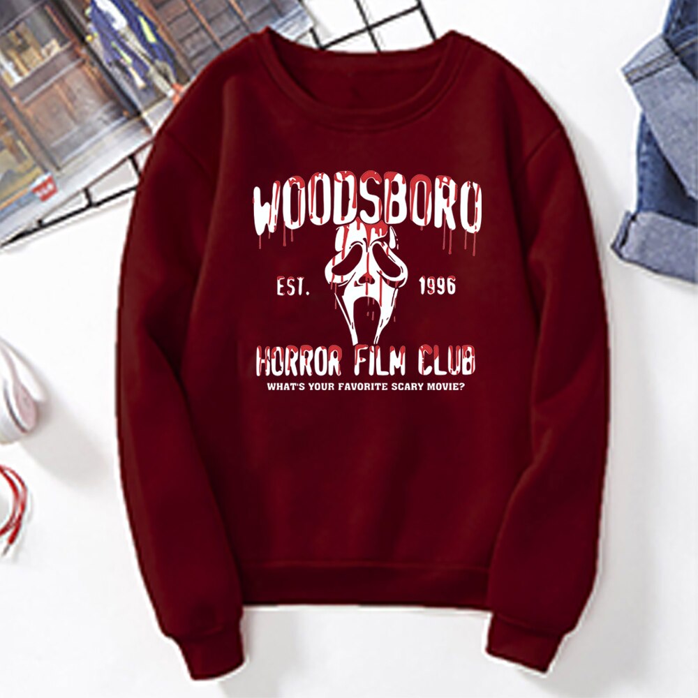 Scream Movie Woodsboro High Sweatshirt Ghostface Graphic Sweater Horror Film Club Halloween Crewneck Sweatshirts Hipster Tops Wine Red