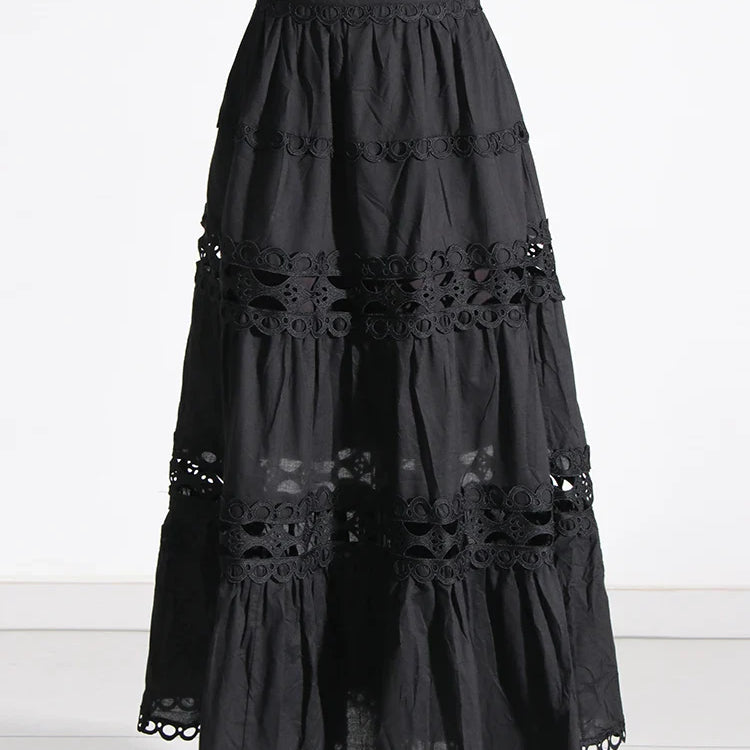 Elegant Two Piece Sets For Women Stand Collar Lantern Sleeve Tops High Waist Skirt Hollow Out Set Female Clothing