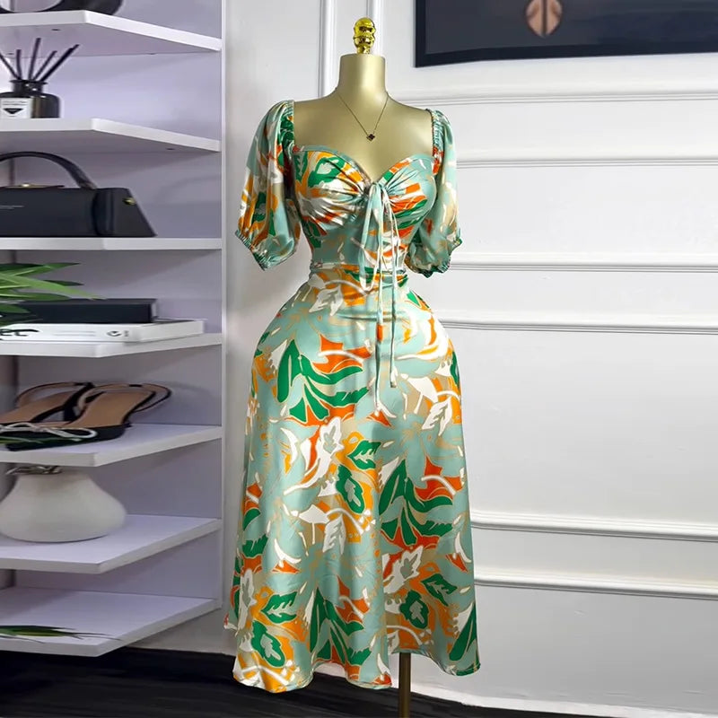 Women Floral Printed Lantern Half Sleeve Tie Up Long Maxi Dress 2025 Birthday Evening Sexy club Party Dresses Vestidos Green