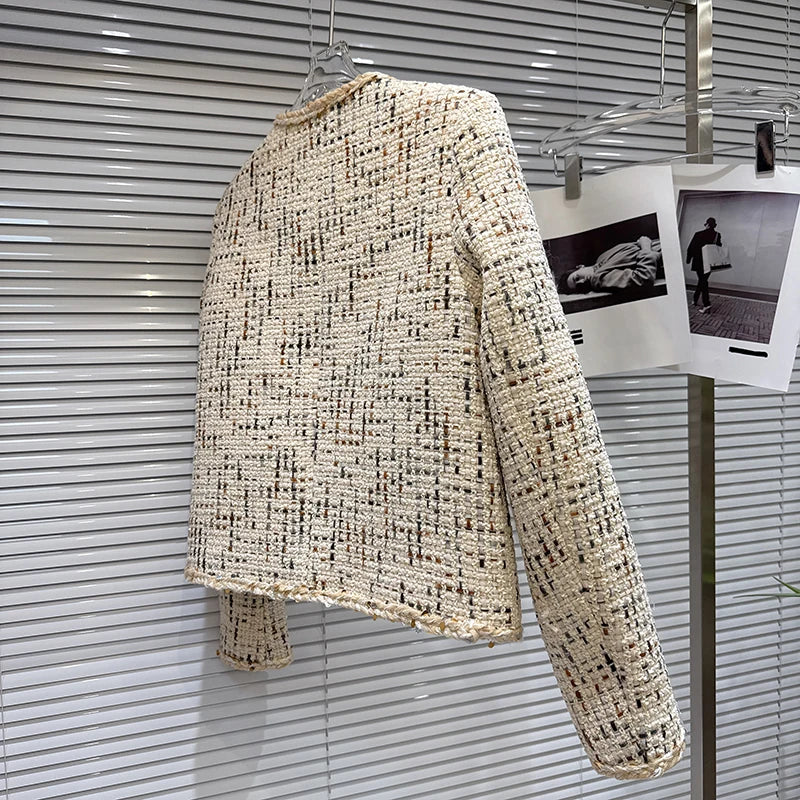 Winter New Fashion Rhinestone Brooch Knitted Tweed Cotton Jacket For Women Elegant Short Coat Female Trendy 11A07869