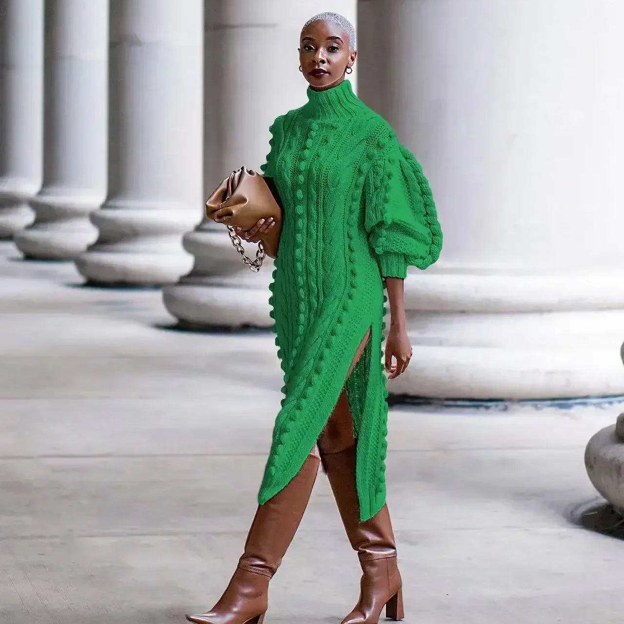 New Autumn Women Long Sleeve Turtleneck Knitted Dress Sexy High Split Sweater Dress Casual Warm Winter Thicken Dress Female