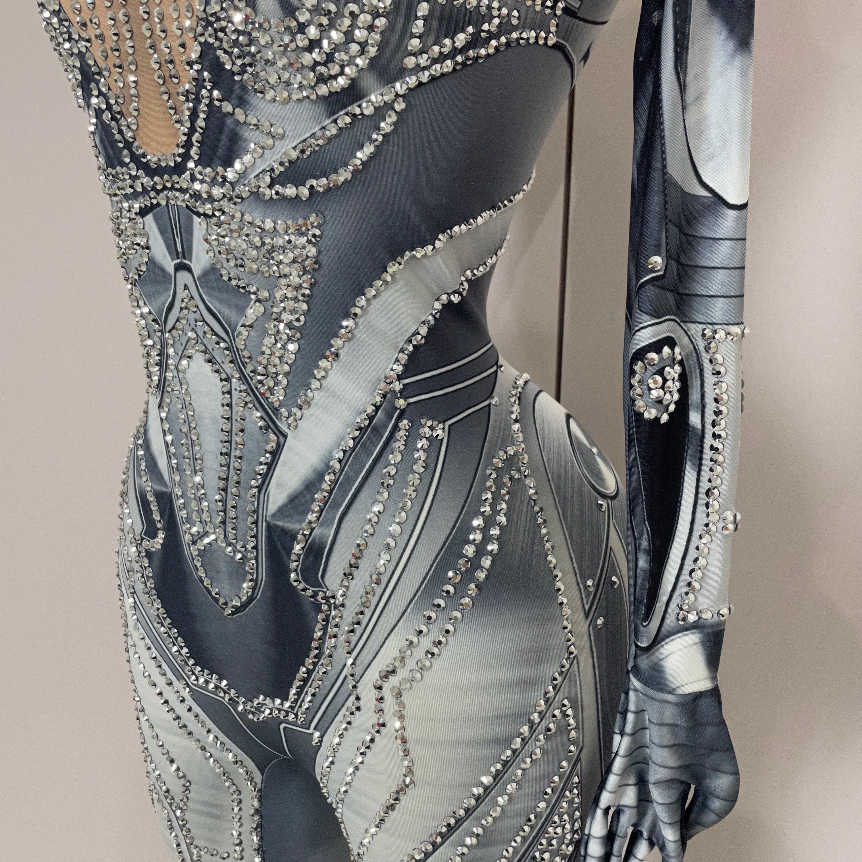 2025 New Trendy Women Sexy Rhinestones Printed Skinny Jumpsuit High Street Performance Dance Costume Bar Club Show Stage Wear