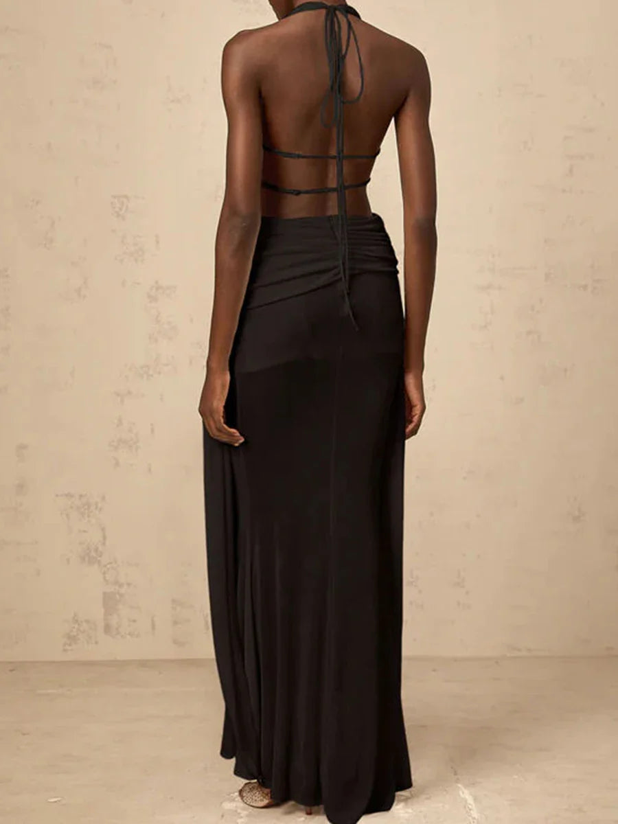 Solid Slimming Spliced Hollow Out Dresses for Women Halter Neck Sleeveless Patchwork Sheer Midi Dress Female New