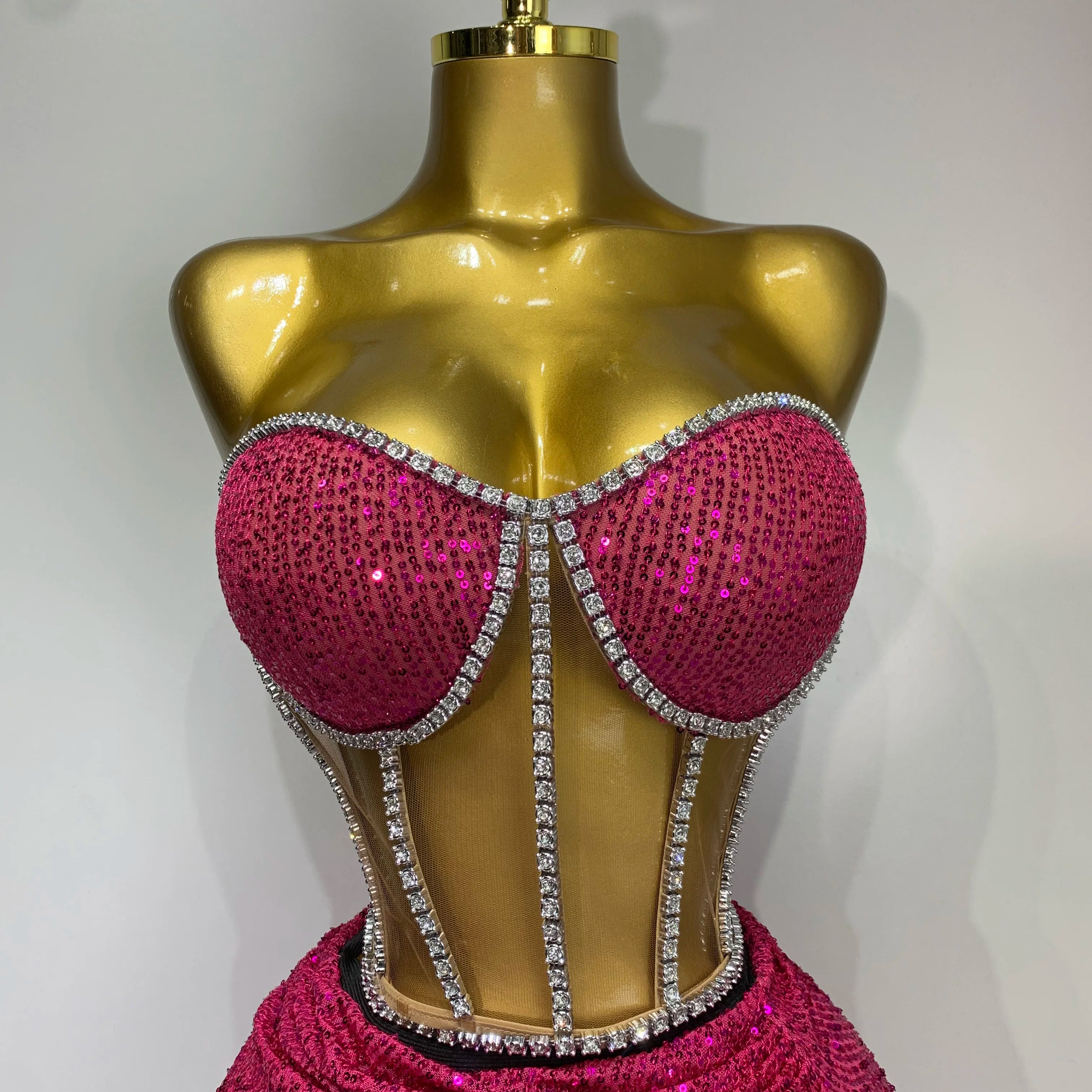 Women Sparkly Rhinestones Sequins Sexy Mesh Two Piece Set Evening Birthday Party Dress Nightclub Stage Performance Costumes