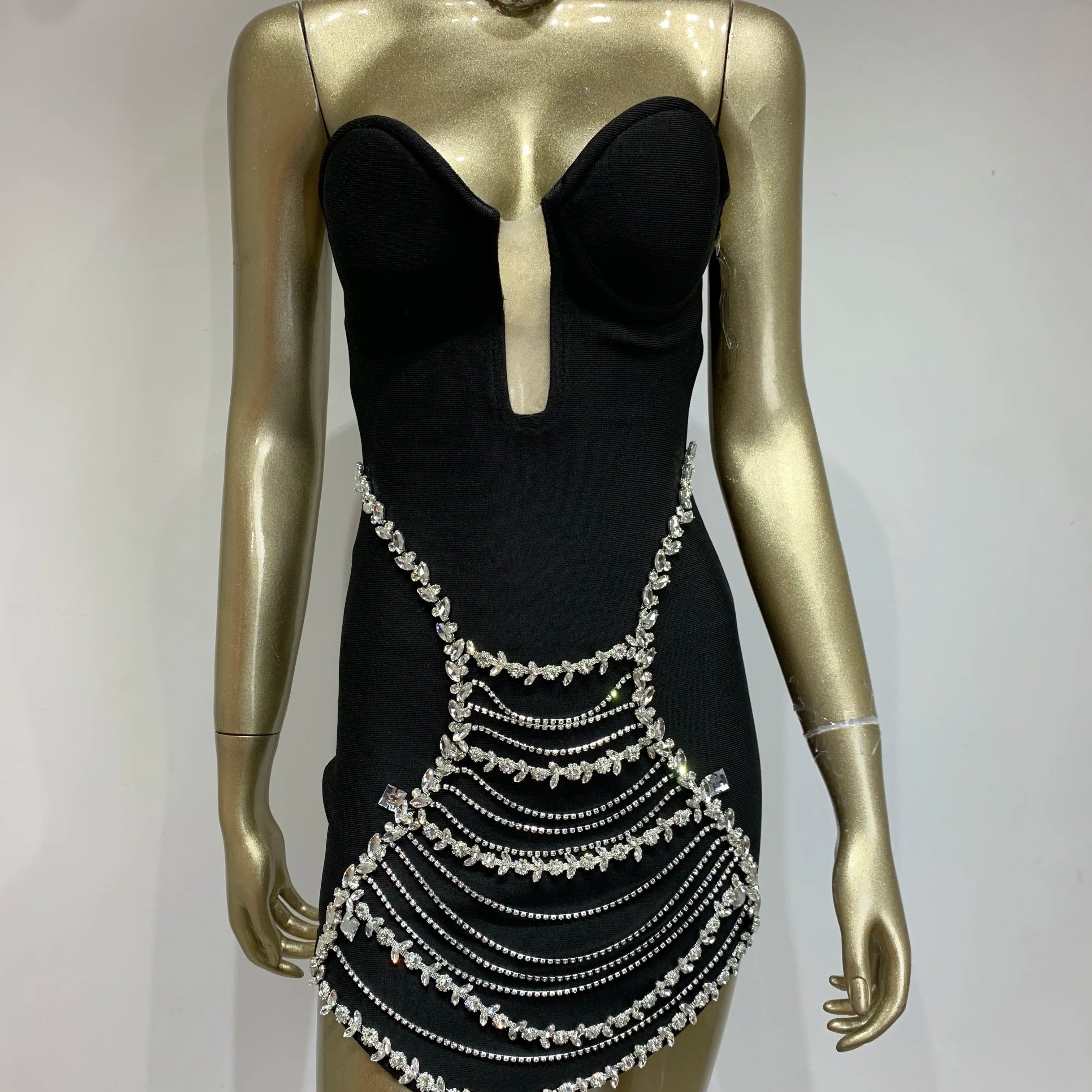 Women Summer Celebrity Sexy Strapless Beading Black Mini Bodycon Bandage Dress 2025 Elegant Evening Club Party Dress