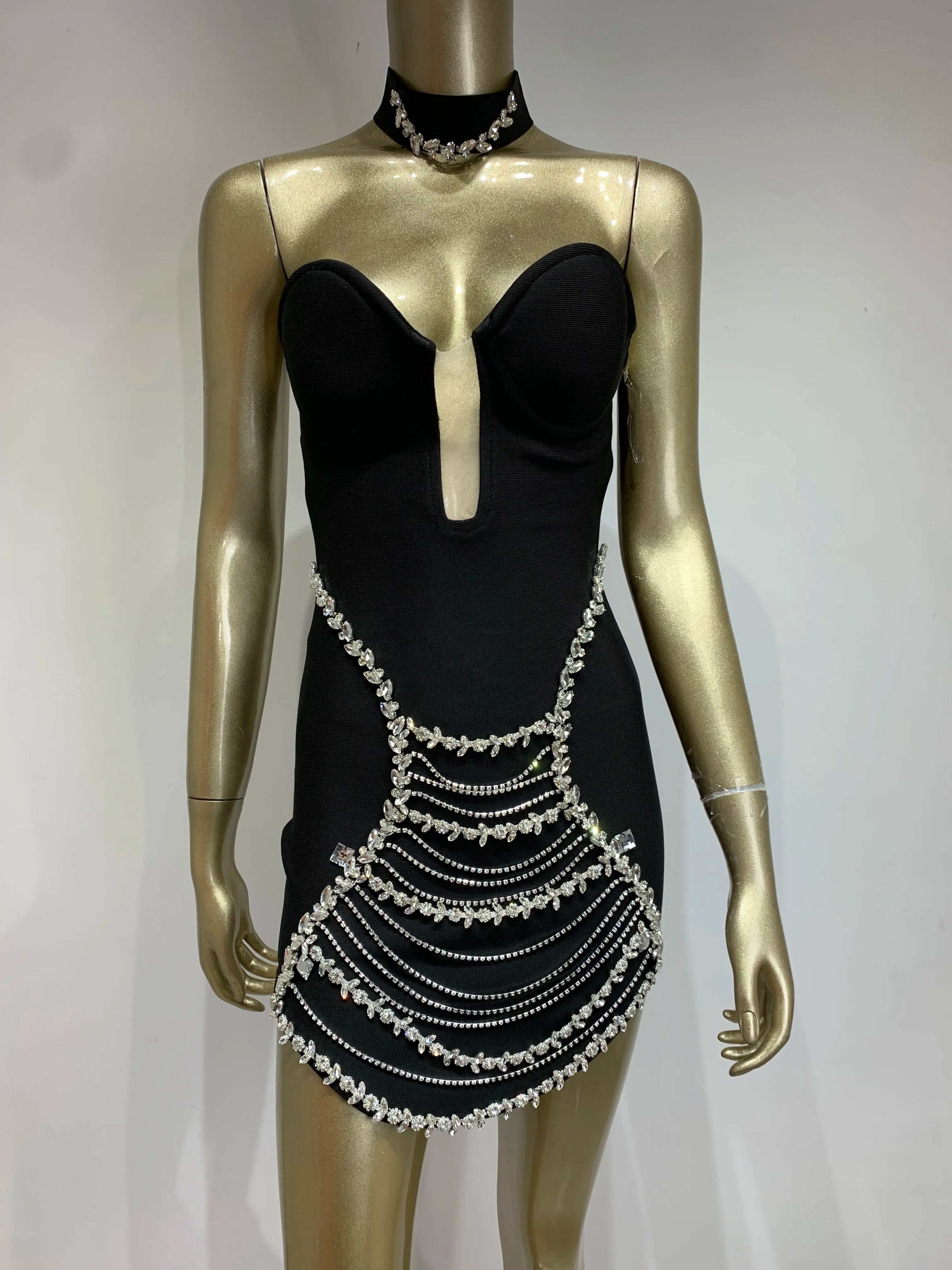 Women Summer Celebrity Sexy Strapless Beading Black Mini Bodycon Bandage Dress 2025 Elegant Evening Club Party Dress